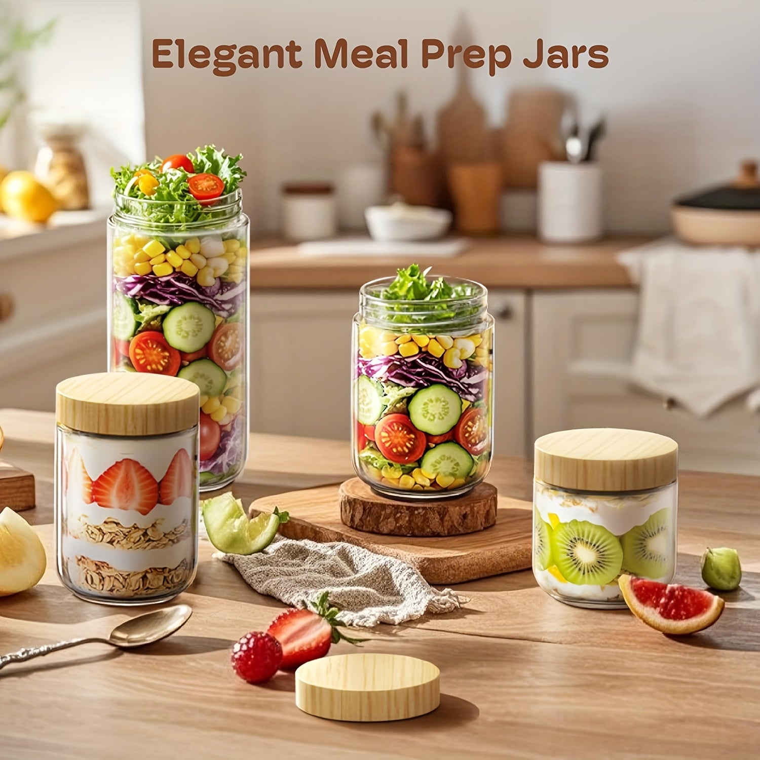2\u002F3\u002F4\u002F6pcs 10oz (Approx. 283.5 g) Overnight Oats Containers with Bamboo Lids, Glass Jars with Airtight Lids for Meal Prep, Wide Mouth Mason Salad Jars, Glass Food Storage Containers for Yogurt, Chia, Snacks, Spices, and Sugar