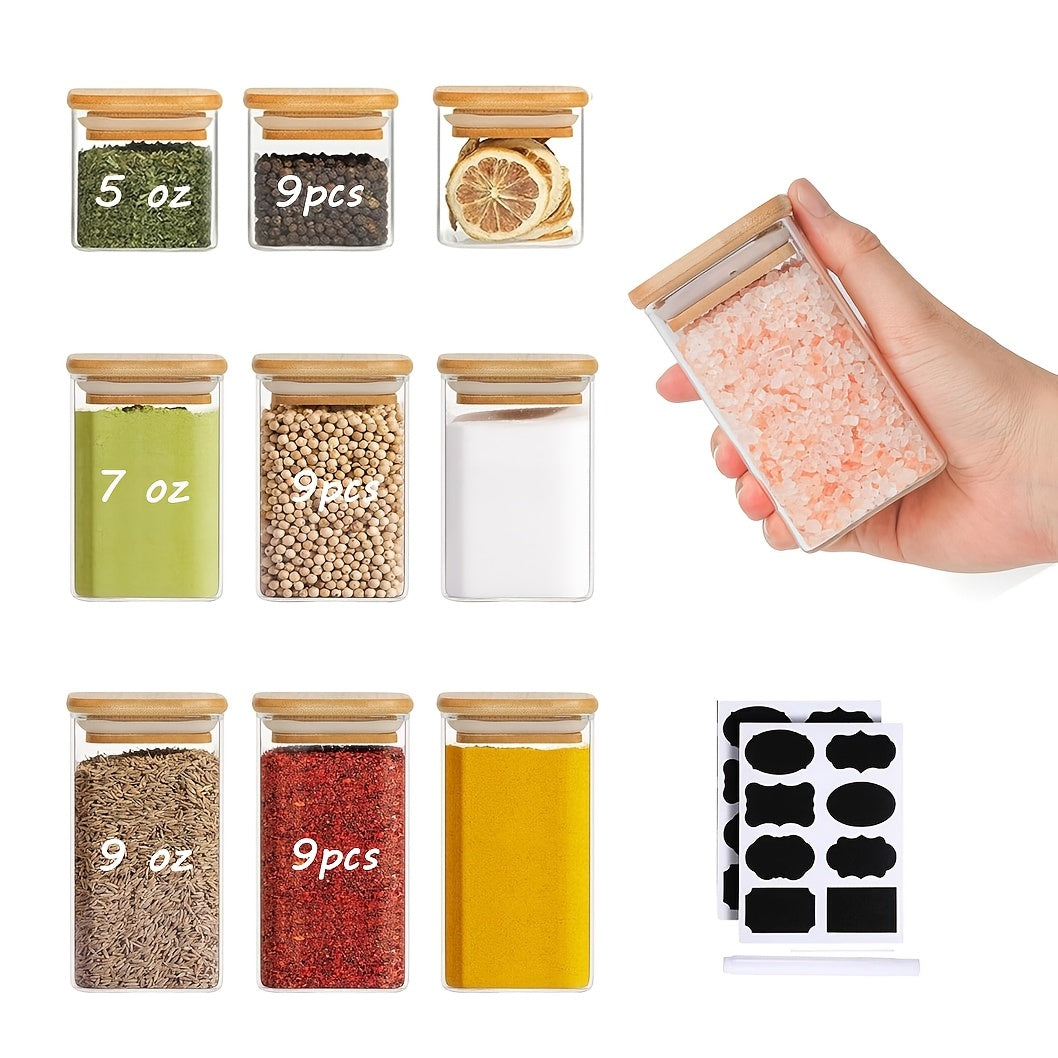 9pcs Glass Spice Jars with Bamboo Lids & Labels - Dishwasher Square Pantry Containers, Airtight Multi-Size (5oz\u002F7oz\u002F9oz) Glass Bottles, Spices, Herbs, Tea, Sugar, Salt - Reusable Labeled Jars