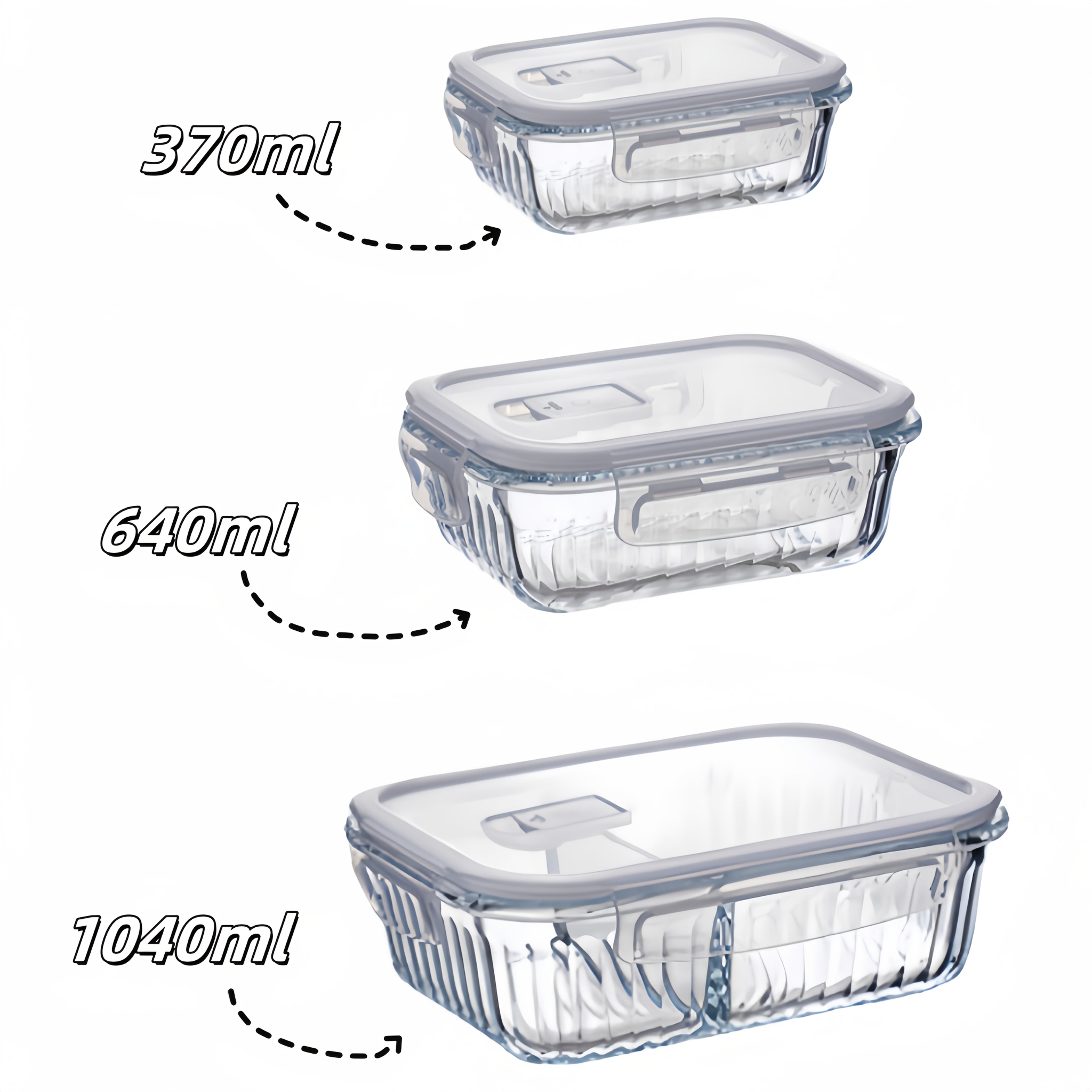 3pcs White Rectangular Vertical Stripe Set, Small\u002FMedium No Divider, Large with Two Dividers, Meets Different Storage Capacity Needs; Food Storage Containers with Leak-Proof Lids, Made of Thickened High Borosilicate Glass with Good Heat Resistance;