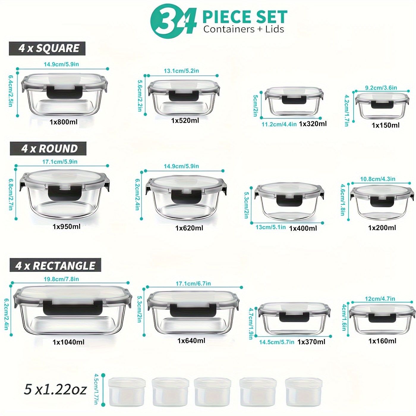 A 34pcs Collection of Storage Containers Complete with Lids, Featuring Airtight Meal Prep Options (17 Containers And 17 Lids), Designed to Be Leak-Proof, Bpa-Free, And Safe for Use in The Microwave, Oven, Freezer, And Dishwasher, in Black Color