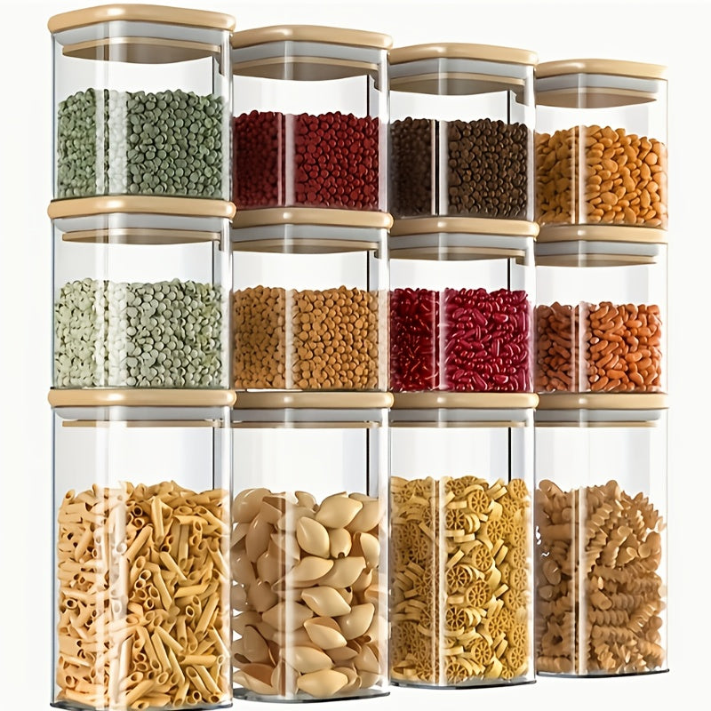 A Set of 12 Borosilicate Glass Storage Jars with Bamboo Lids, Including 8pcs of 15-Ounce And 4pcs of 26-Ounce Square Airtight Kitchen Containers. This Transparent Storage Set Is Freezer-Safe, Sealed, Versatile