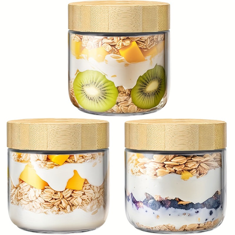 2\u002F3\u002F4\u002F6pcs 10oz (Approx. 283.5 g) Overnight Oats Containers with Bamboo Lids, Glass Jars with Airtight Lids for Meal Prep, Wide Mouth Mason Salad Jars, Glass Food Storage Containers for Yogurt, Chia, Snacks, Spices, and Sugar
