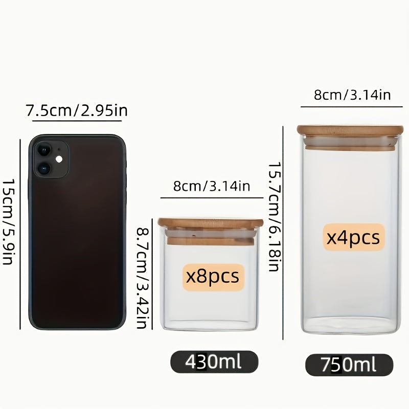 A Set of 12 Borosilicate Glass Storage Jars with Bamboo Lids, Including 8pcs of 15-Ounce And 4pcs of 26-Ounce Square Airtight Kitchen Containers. This Transparent Storage Set Is Freezer-Safe, Sealed, Versatile