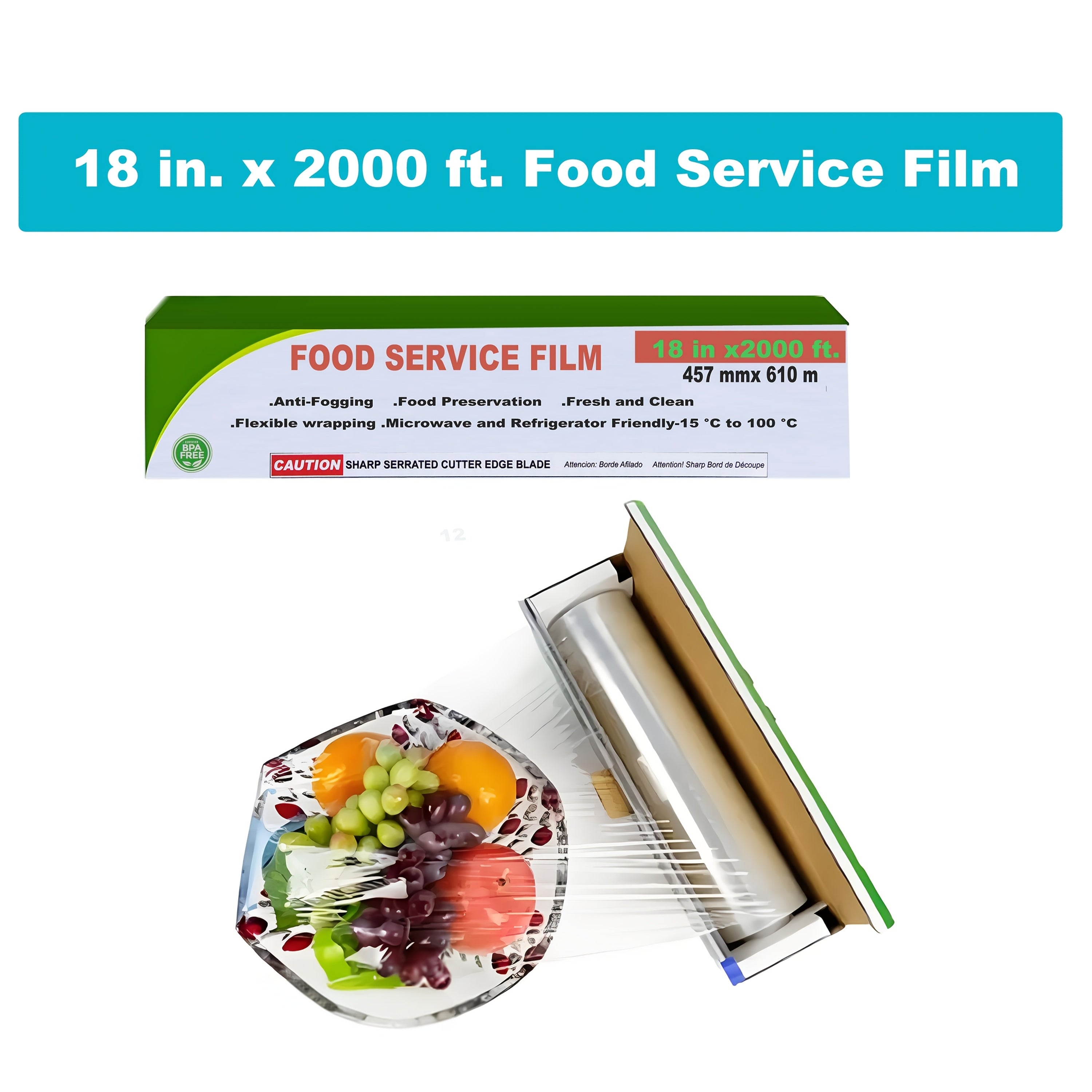 12in X 2000ft.\u002F18in X 2000ft.\u002F24in X 2000ft. Roll, Plastic Wrap, Food Wrap with Slide Cutter, Food Service Clear Cling Film, BPA FREE, Anti-fogging, Strong, Microwave And Refrigerator Safe, Flexible Wrapping (1\u002FCarton).