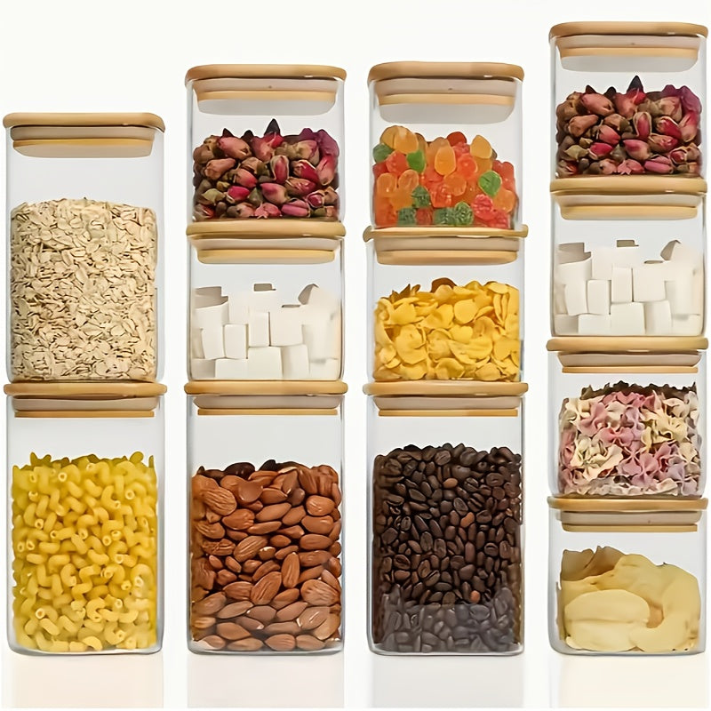 12pcs Borosilicate Glass Food Storage Jars Set with Bamboo Lids - Microwave & Freezer Safe Square Pantry Containers, Airtight Flip-Top Lids for Spices, Dry Food, Tea, Beans, Pasta - Glass Jars for Pantry Organization (12