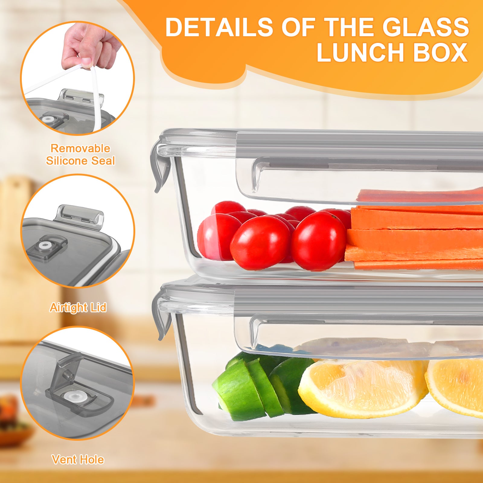 Airtight Glass Container Airtight Glass Food Container with Ventilation Hole | Glass Meal Preparation Container Set - Microwave, Oven, Refrigerator, Dishwasher Safe - Glass Food Storage Container with Lid-Lid with Snap Lock - for Meal Preparation (Grey)