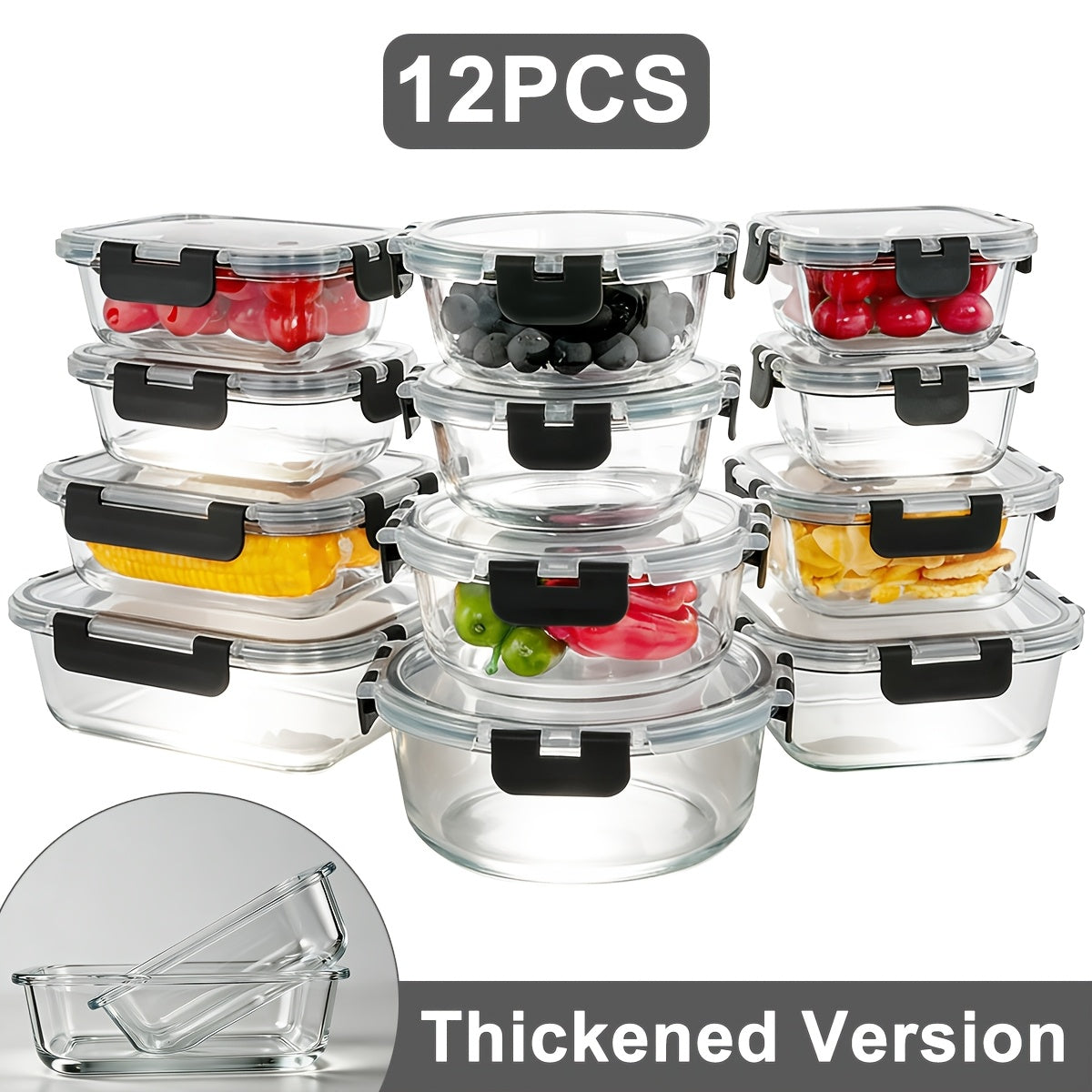 12pcs Thickened Storage Containers with Lids | Leak Proof Airtight Bento Boxes for Microwave, Oven, Freezer, and Dishwasher | Rectangular Shape, Clip-on Closure, Microwave Safe, Reusable by JIASLING