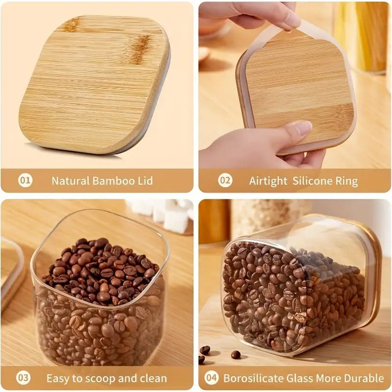 12pcs Borosilicate Glass Food Storage Jars Set with Bamboo Lids - Microwave & Freezer Safe Square Pantry Containers, Airtight Flip-Top Lids for Spices, Dry Food, Tea, Beans, Pasta - Glass Jars for Pantry Organization (12