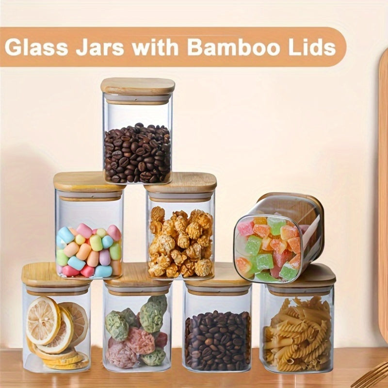 8pcs Glass Storage Containers with Bamboo Lids | Sealed, Leak-Proof Square Jars, Dishwasher Safe, Reusable Borosilicate Glass, Suitable for Tea, Coffee, Grains - Multi-Purpose Kitchen Organizer, 500ml\u002F17.5oz, Shatterproof Packaging