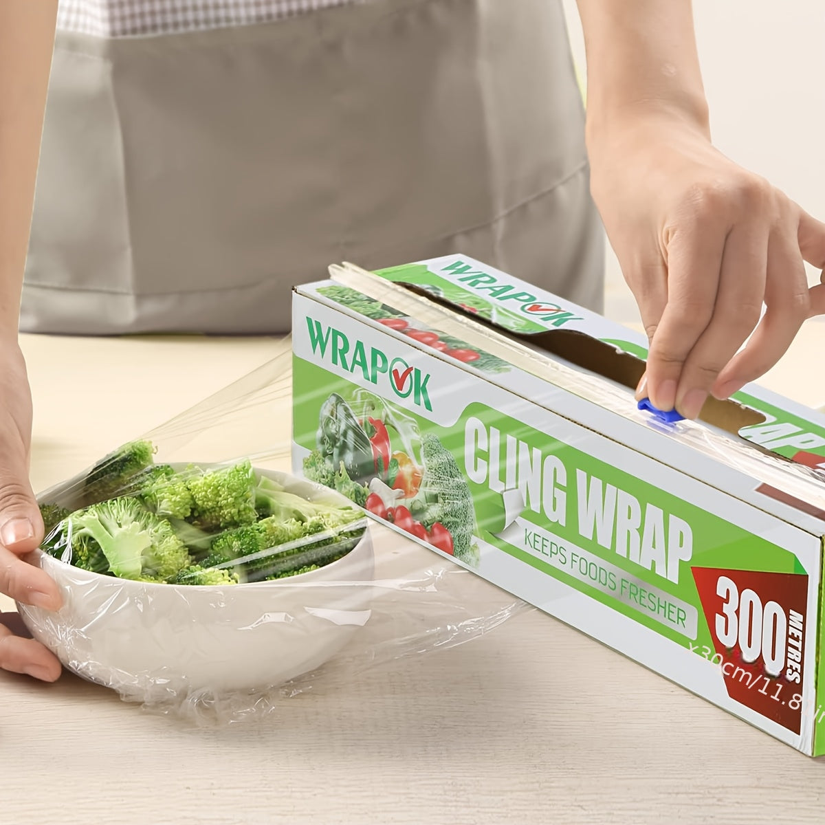 WRAPOK Catering Cling Film Dispenser and Cutter Kitchen Plastic Food Seal Wrap, Foodservice Cook's Tools for Kitchen, 300mm X 300m