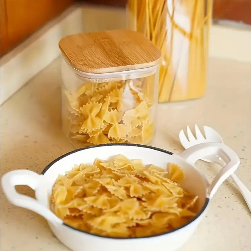 12pcs Borosilicate Glass Food Storage Jars Set with Bamboo Lids - Microwave & Freezer Safe Square Pantry Containers, Airtight Flip-Top Lids for Spices, Dry Food, Tea, Beans, Pasta - Glass Jars for Pantry Organization (12