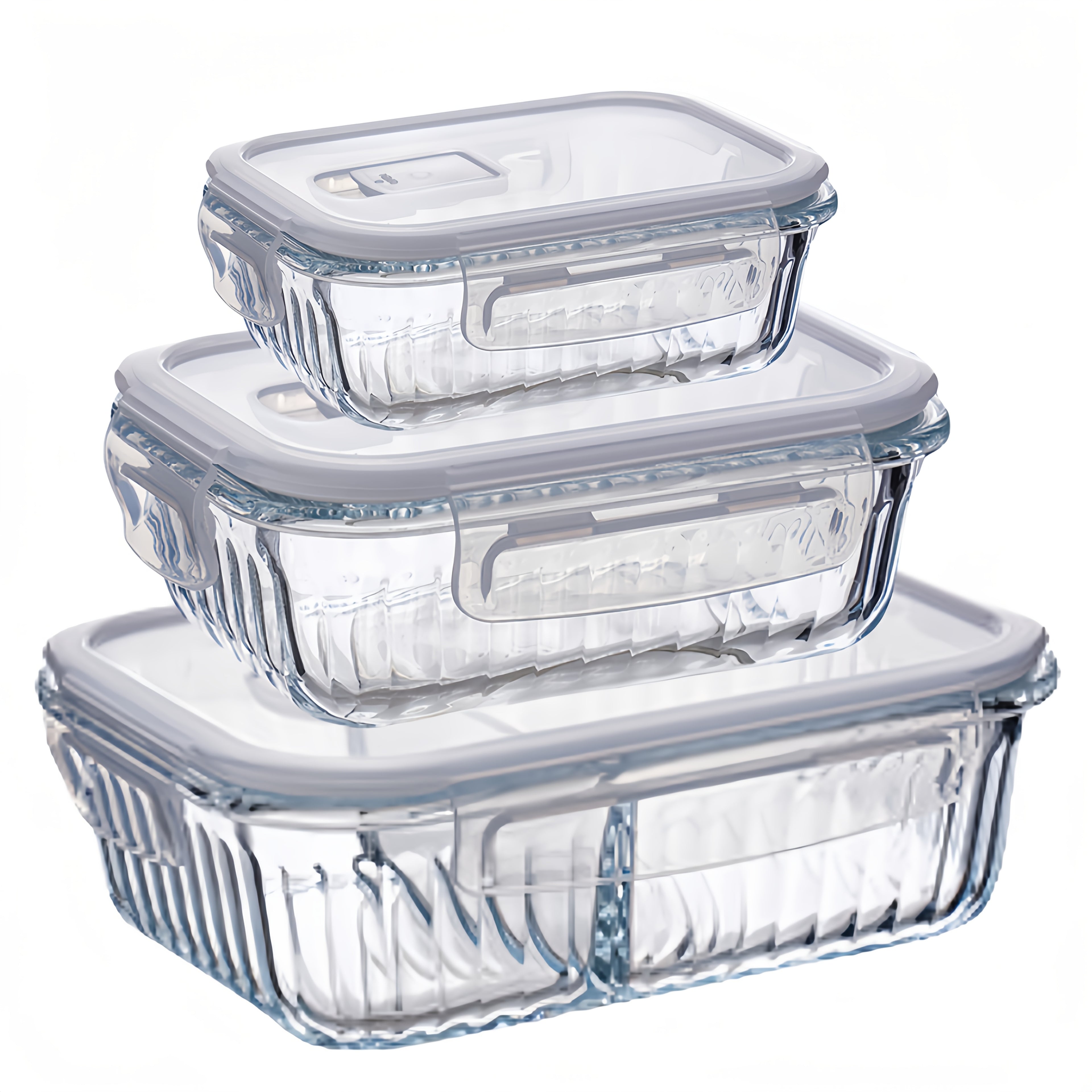 3pcs White Rectangular Vertical Stripe Set, Small\u002FMedium No Divider, Large with Two Dividers, Meets Different Storage Capacity Needs; Food Storage Containers with Leak-Proof Lids, Made of Thickened High Borosilicate Glass with Good Heat Resistance;