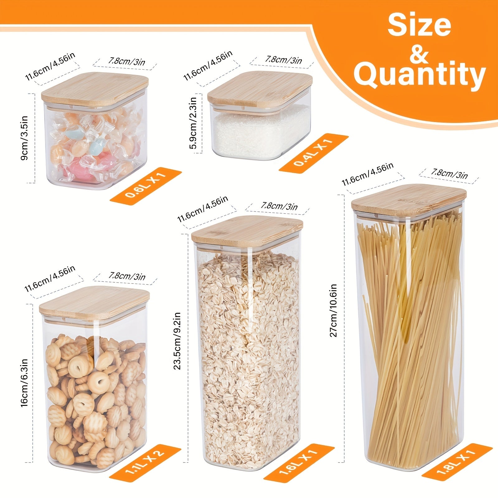 THELiFE 6\u002F10pcs Airtight Plastic Storage Canister with Wood\u002FPlastic Lid, Clear Food Storage Container Jar with Sealing Lid for Noodles Flour Cereal Rice Sugar Tea, Coffee Spaghetti, Kitchen Storage, Airtight Container, Durable Plastic