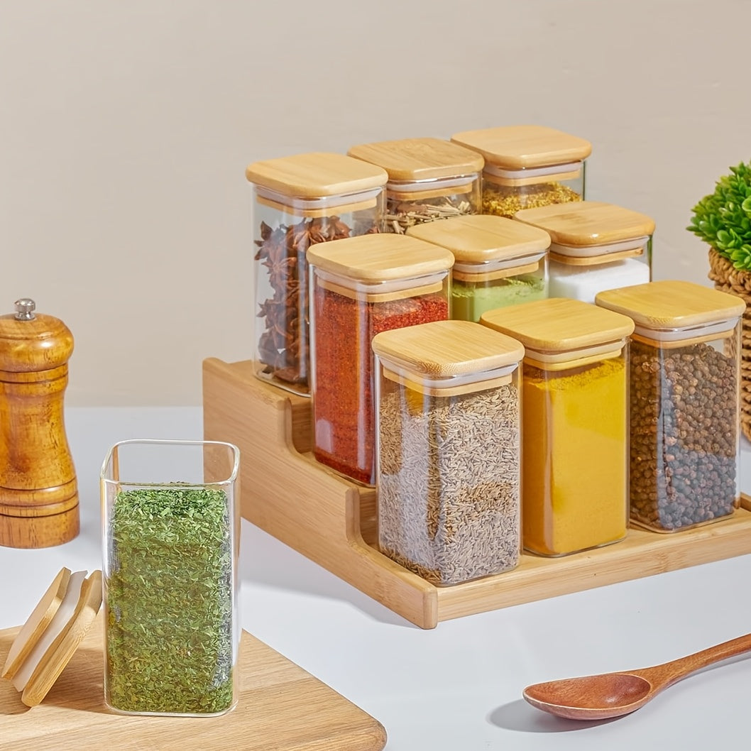 9pcs Glass Spice Jars with Bamboo Lids & Labels - Dishwasher Square Pantry Containers, Airtight Multi-Size (5oz\u002F7oz\u002F9oz) Glass Bottles, Spices, Herbs, Tea, Sugar, Salt - Reusable Labeled Jars