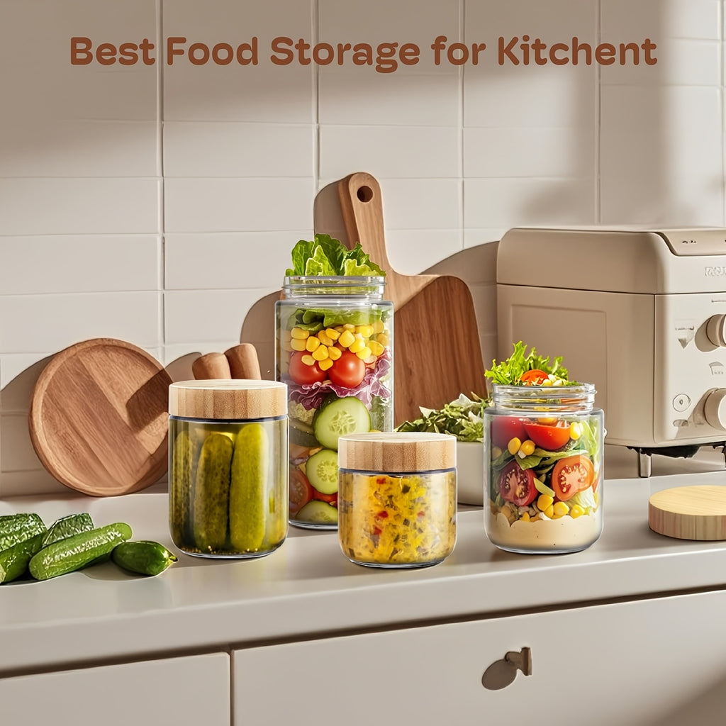 2\u002F3\u002F4\u002F6pcs 10oz (Approx. 283.5 g) Overnight Oats Containers with Bamboo Lids, Glass Jars with Airtight Lids for Meal Prep, Wide Mouth Mason Salad Jars, Glass Food Storage Containers for Yogurt, Chia, Snacks, Spices, and Sugar