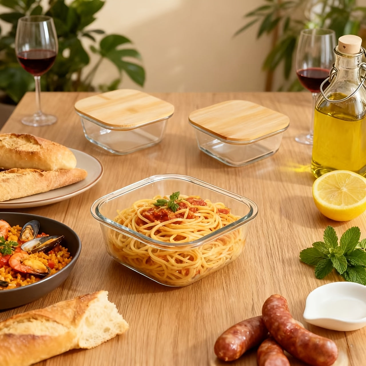 Large Capacity • Transparent Glass Insulated Lunch Box • High Borosilicate Heat-Resistant • Square Shape with Bamboo Lid • Microwave Safe • Reusable • Flip Top Closure