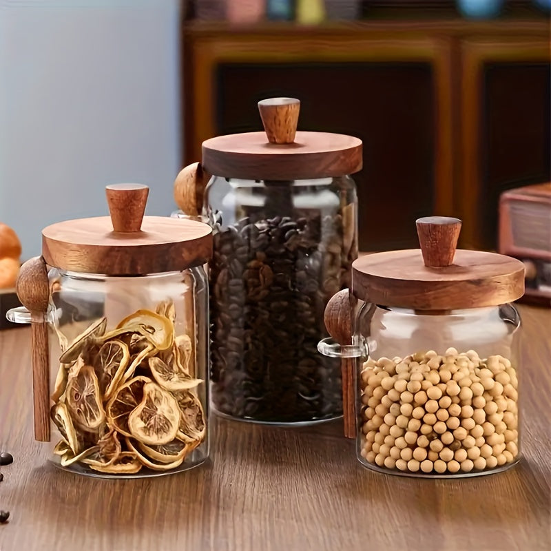Airtight 3pcs Glass Canister with Spoon- Leak-Proof Storage Jars to Organize Your Kitchen for Coffee, Flour, Snacks, Te, Glass Jars with Dark Brown Lids, Round Canisters for Pantry Organization, Durable Multi-Purpose Display