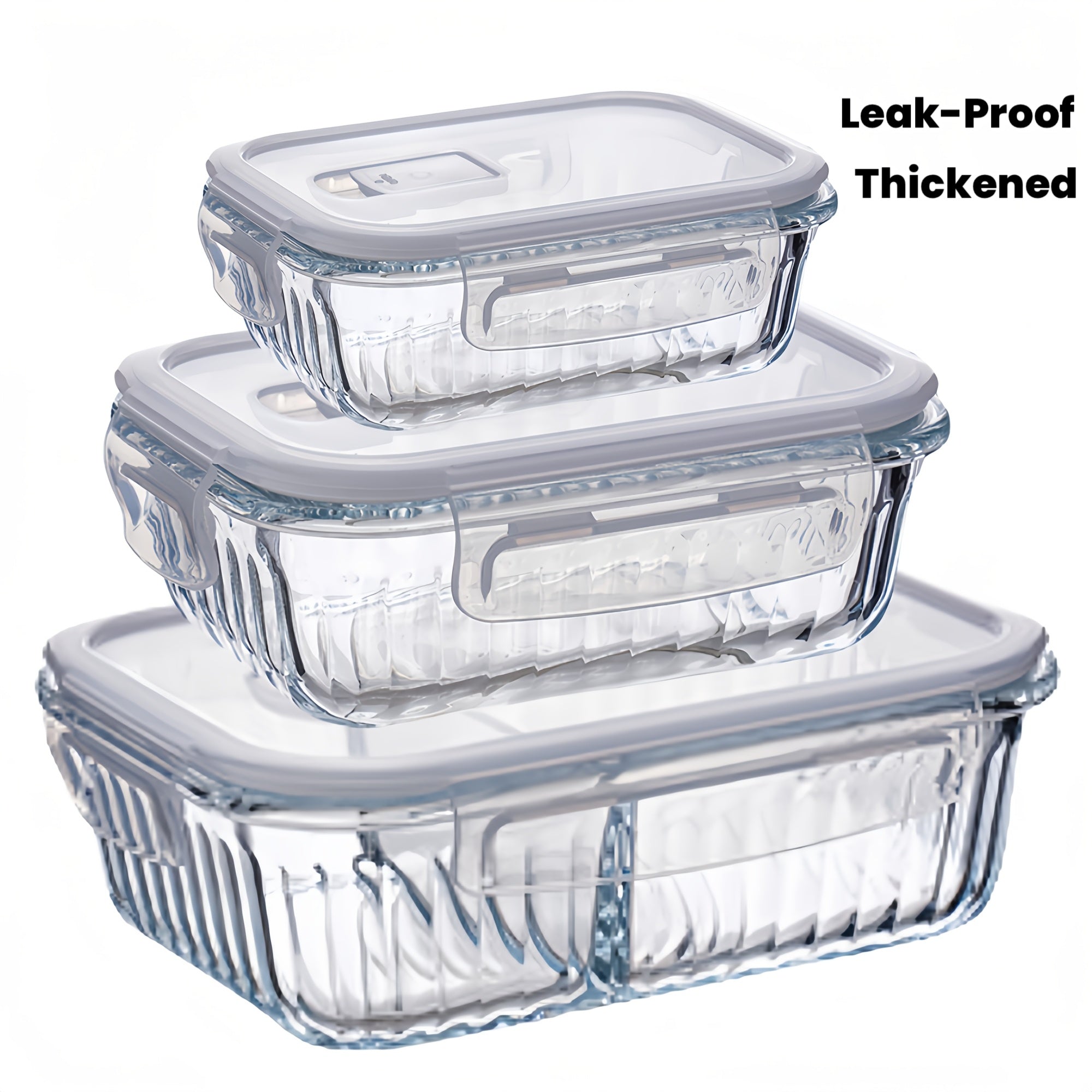 3pcs White Rectangular Vertical Stripe Set, Small\u002FMedium No Divider, Large with Two Dividers, Meets Different Storage Capacity Needs; Food Storage Containers with Leak-Proof Lids, Made of Thickened High Borosilicate Glass with Good Heat Resistance;