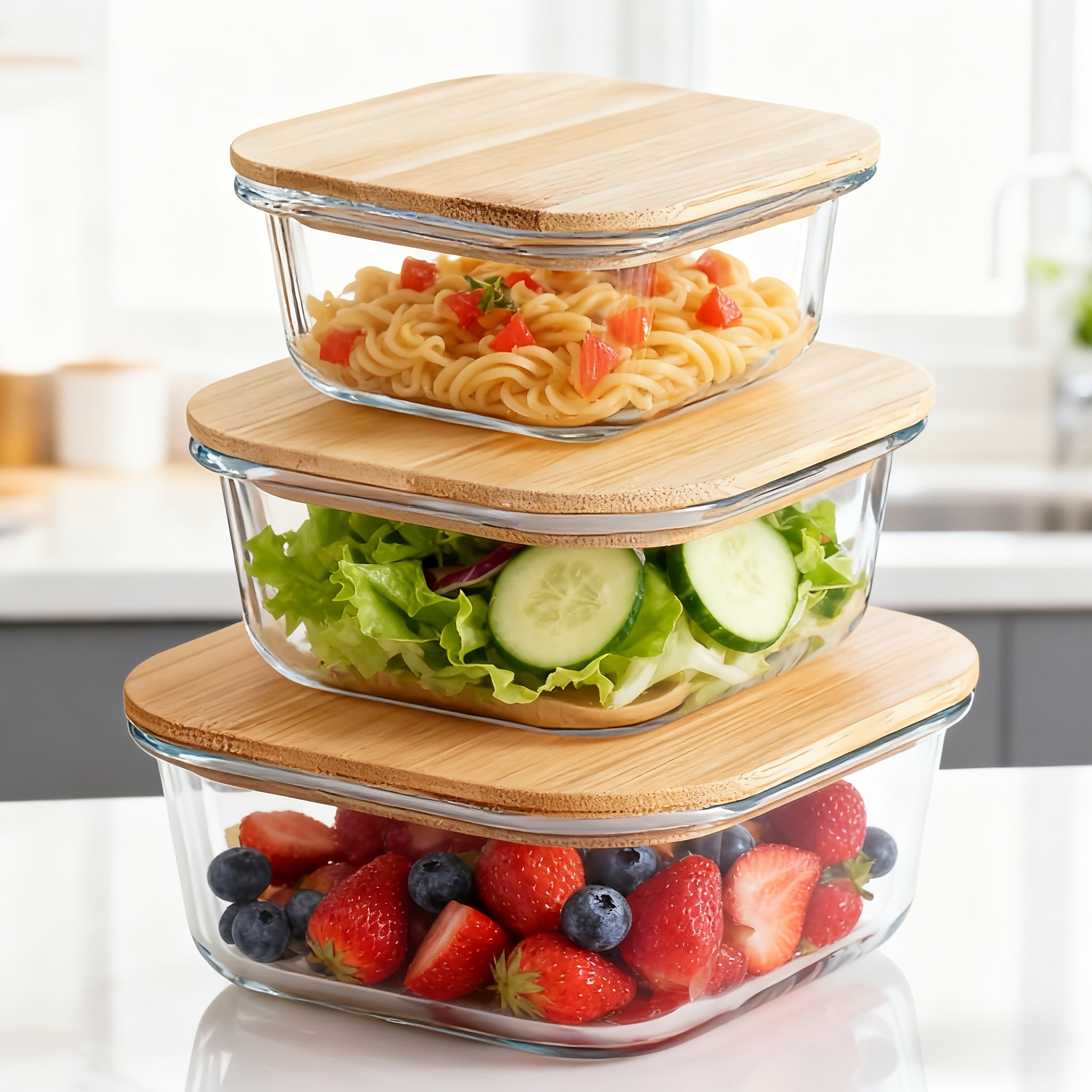 Large Capacity • Transparent Glass Insulated Lunch Box • High Borosilicate Heat-Resistant • Square Shape with Bamboo Lid • Microwave Safe • Reusable • Flip Top Closure