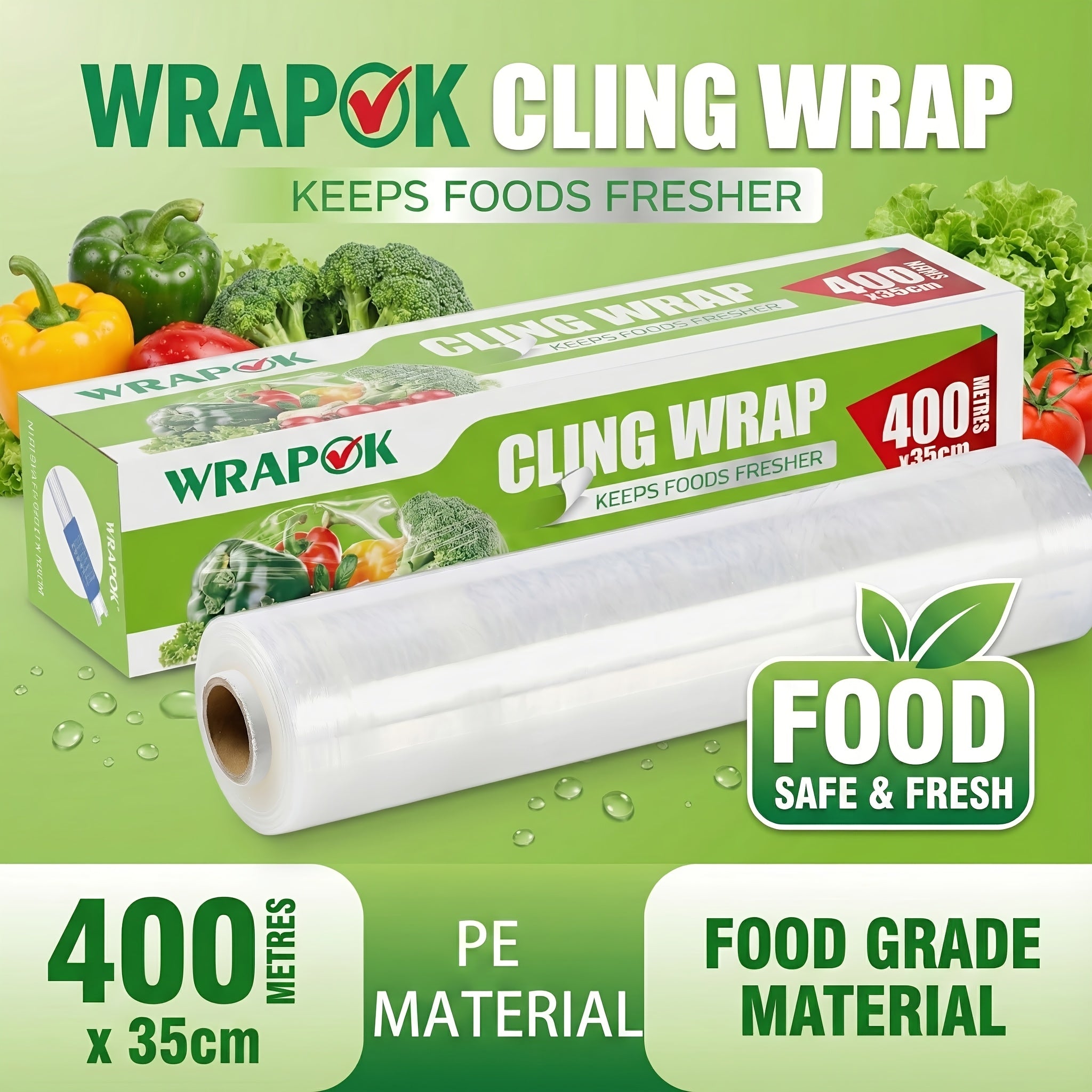 400m Cling Film | WRAPOK PE Plastic Food Wrap | Heavy Duty & Leakproof | Kitchen Essential | Freezer Safe & Multipurpose Use