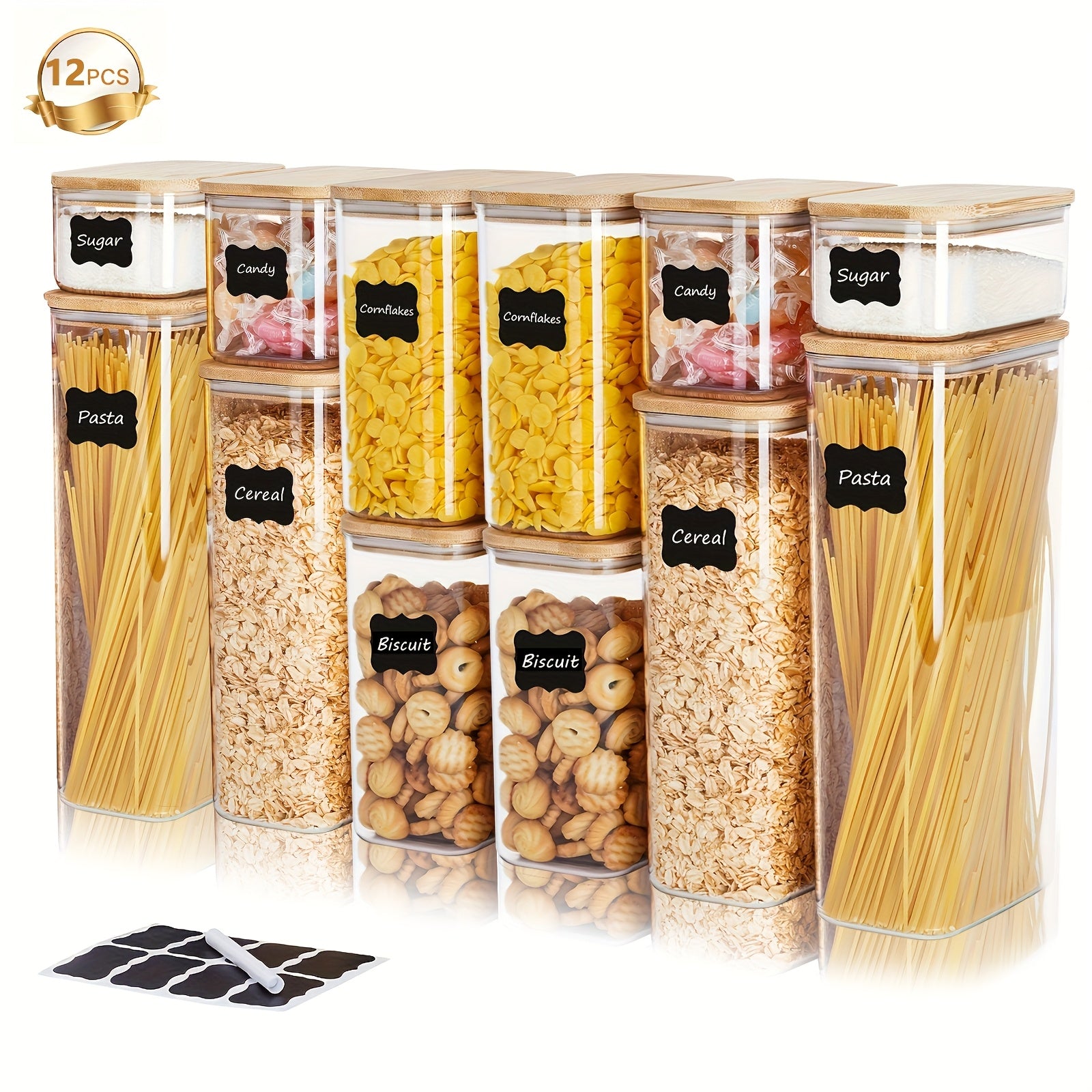 THELiFE Airtight Plastic Storage Jars, 12-Pack Kitchen Containers with Lids for Nuts, Coffee Beans, Flour, Grains, Rice, Sugar, Tea, Coffee, Pasta! Comes with Stickers and Pens!