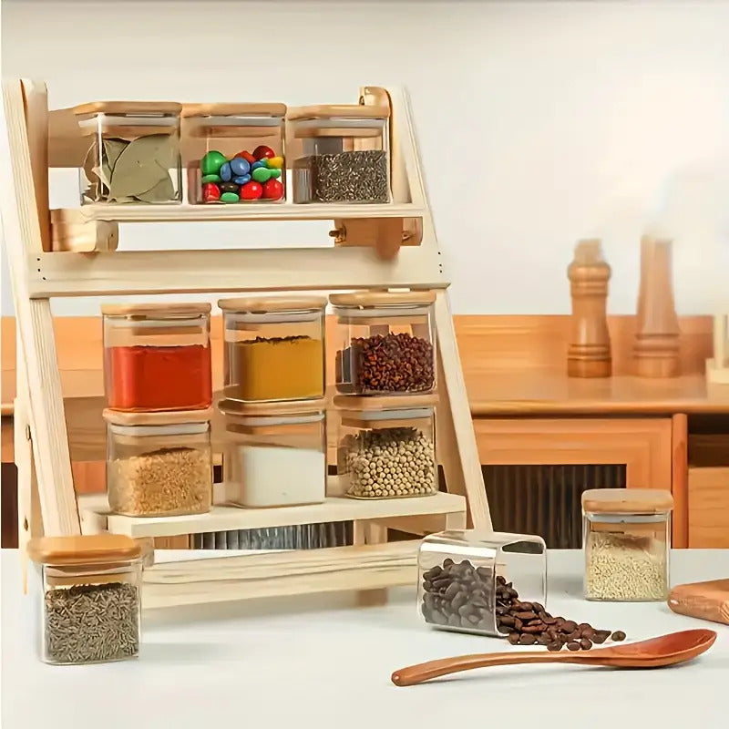 12pcs Borosilicate Glass Food Storage Jars Set with Bamboo Lids - Microwave & Freezer Safe Square Pantry Containers, Airtight Flip-Top Lids for Spices, Dry Food, Tea, Beans, Pasta - Glass Jars for Pantry Organization (12