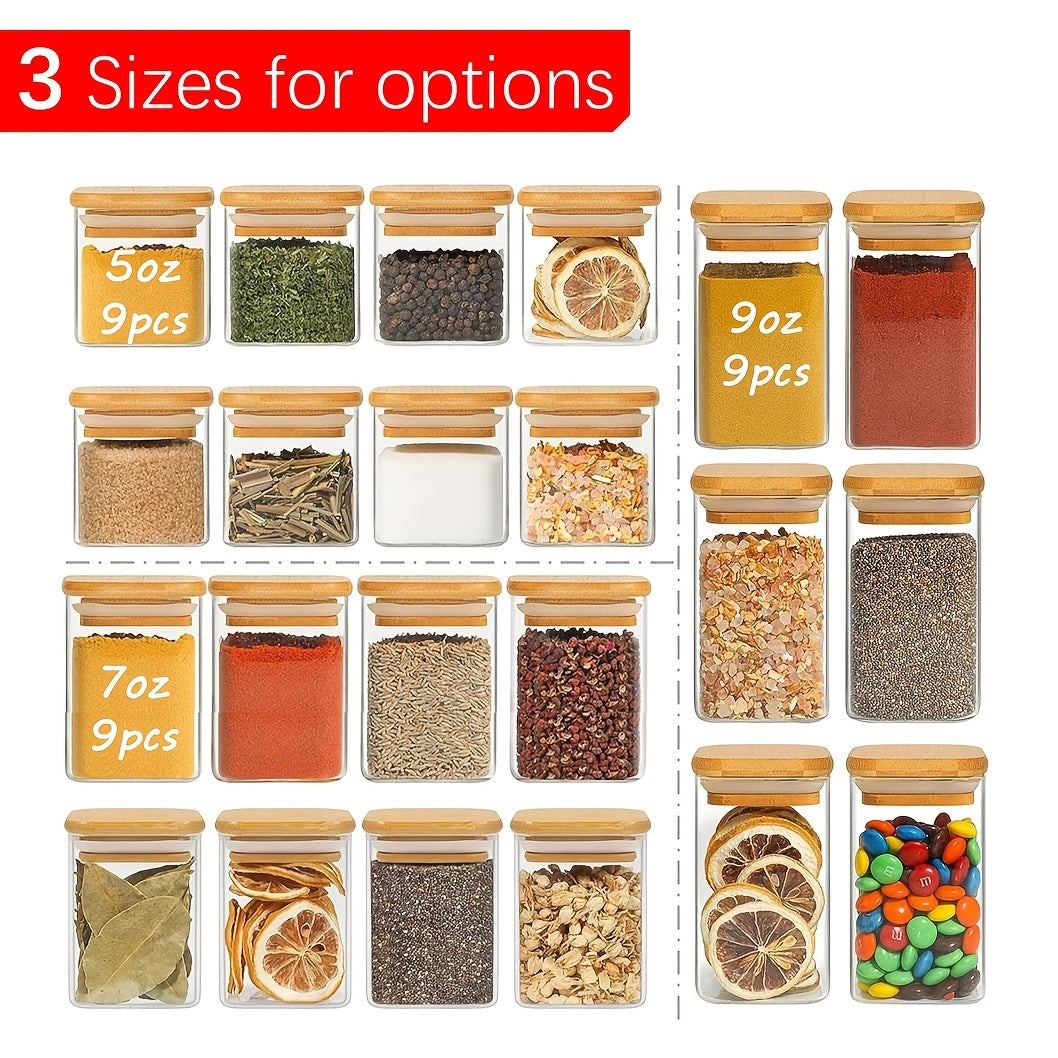 9pcs Glass Spice Jars with Bamboo Lids & Labels - Dishwasher Square Pantry Containers, Airtight Multi-Size (5oz\u002F7oz\u002F9oz) Glass Bottles, Spices, Herbs, Tea, Sugar, Salt - Reusable Labeled Jars