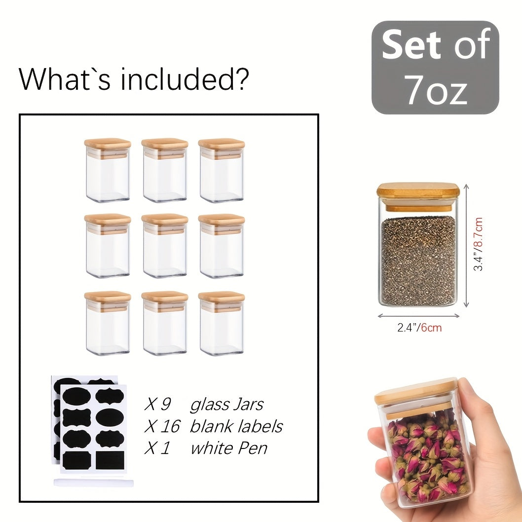 9pcs Glass Spice Jars with Bamboo Lids & Labels - Dishwasher Square Pantry Containers, Airtight Multi-Size (5oz\u002F7oz\u002F9oz) Glass Bottles, Spices, Herbs, Tea, Sugar, Salt - Reusable Labeled Jars