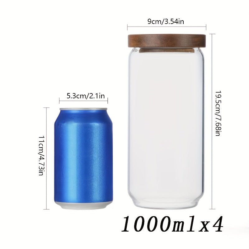 A Set of Four Airtight Glass Jars in Various Sizes for Storage, Ideal for Organizing The Kitchen. This Spice Storage Set Includes Containers for Seasonings, Coffee, And More, Featuring Transparency, High-Temperature Resistance