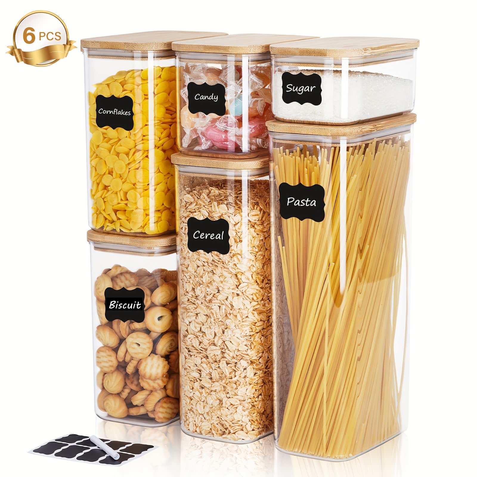 THELiFE 6\u002F10pcs Airtight Plastic Storage Canister with Wood\u002FPlastic Lid, Clear Food Storage Container Jar with Sealing Lid for Noodles Flour Cereal Rice Sugar Tea, Coffee Spaghetti, Kitchen Storage, Airtight Container, Durable Plastic