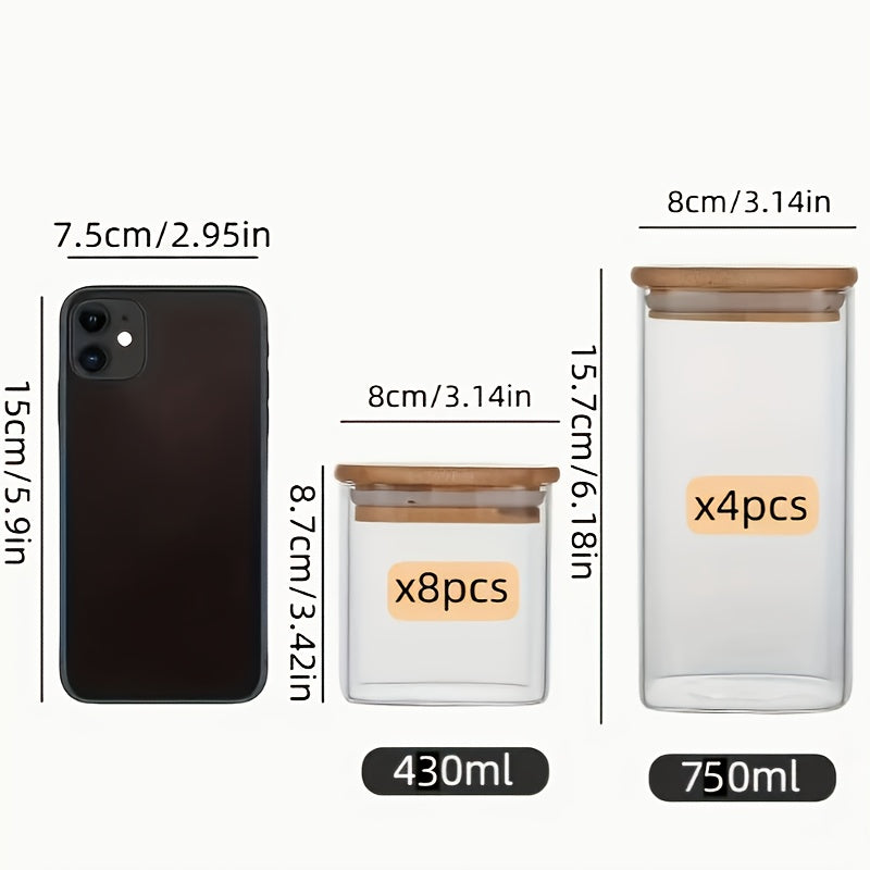 12pcs Borosilicate Glass Food Storage Jars Set with Bamboo Lids - Microwave & Freezer Safe Square Pantry Containers, Airtight Flip-Top Lids for Spices, Dry Food, Tea, Beans, Pasta - Glass Jars for Pantry Organization (12