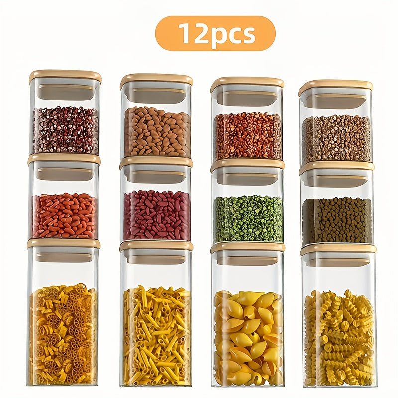 12pcs Borosilicate Glass Food Storage Jars Set with Bamboo Lids - Microwave & Freezer Safe Square Pantry Containers, Airtight Flip-Top Lids for Spices, Dry Food, Tea, Beans, Pasta - Glass Jars for Pantry Organization (12