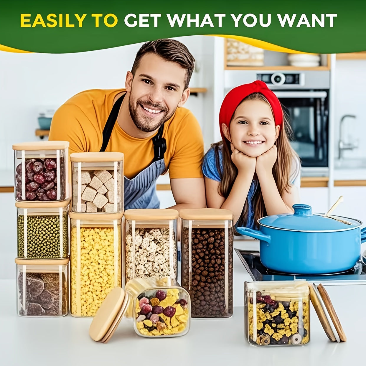 A Set of 12 Borosilicate Glass Storage Jars with Bamboo Lids, Including 8pcs of 15-Ounce And 4pcs of 26-Ounce Square Airtight Kitchen Containers. This Transparent Storage Set Is Freezer-Safe, Sealed, Versatile