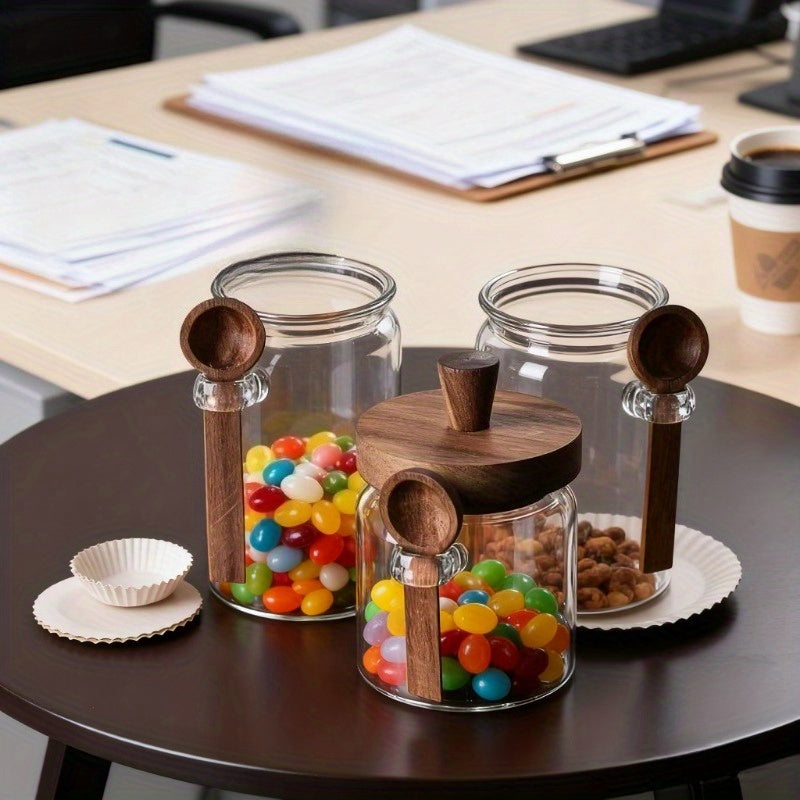 Airtight 3pcs Glass Canister with Spoon- Leak-Proof Storage Jars to Organize Your Kitchen for Coffee, Flour, Snacks, Te, Glass Jars with Dark Brown Lids, Round Canisters for Pantry Organization, Durable Multi-Purpose Display