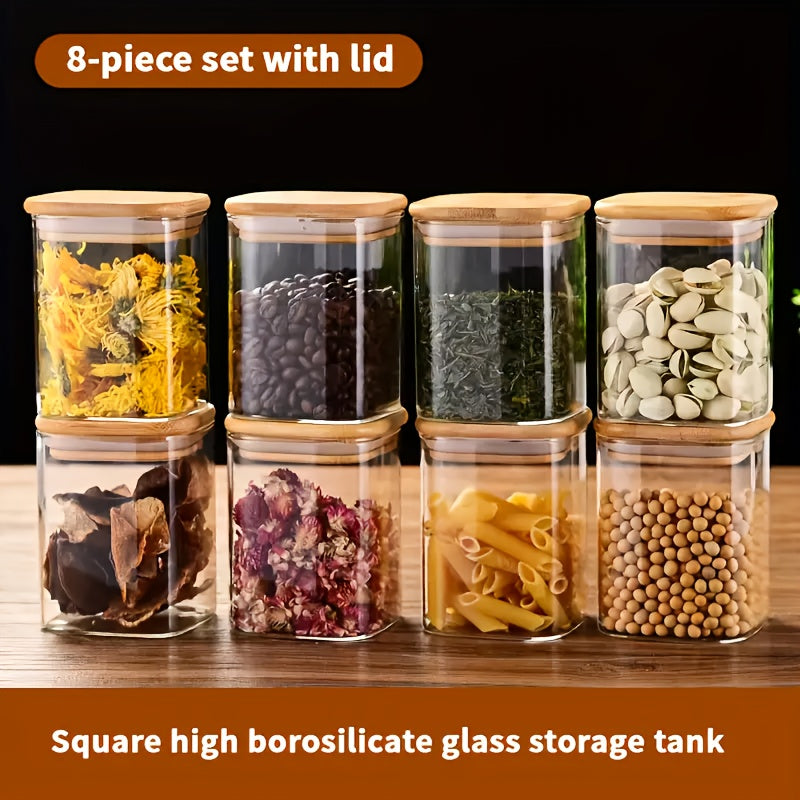 8pcs Glass Storage Containers with Bamboo Lids | Sealed, Leak-Proof Square Jars, Dishwasher Safe, Reusable Borosilicate Glass, Suitable for Tea, Coffee, Grains - Multi-Purpose Kitchen Organizer, 500ml\u002F17.5oz, Shatterproof Packaging