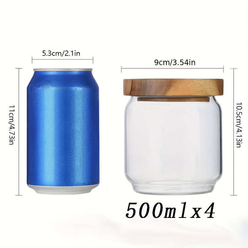 A Set of Four Airtight Glass Jars in Various Sizes for Storage, Ideal for Organizing The Kitchen. This Spice Storage Set Includes Containers for Seasonings, Coffee, And More, Featuring Transparency, High-Temperature Resistance