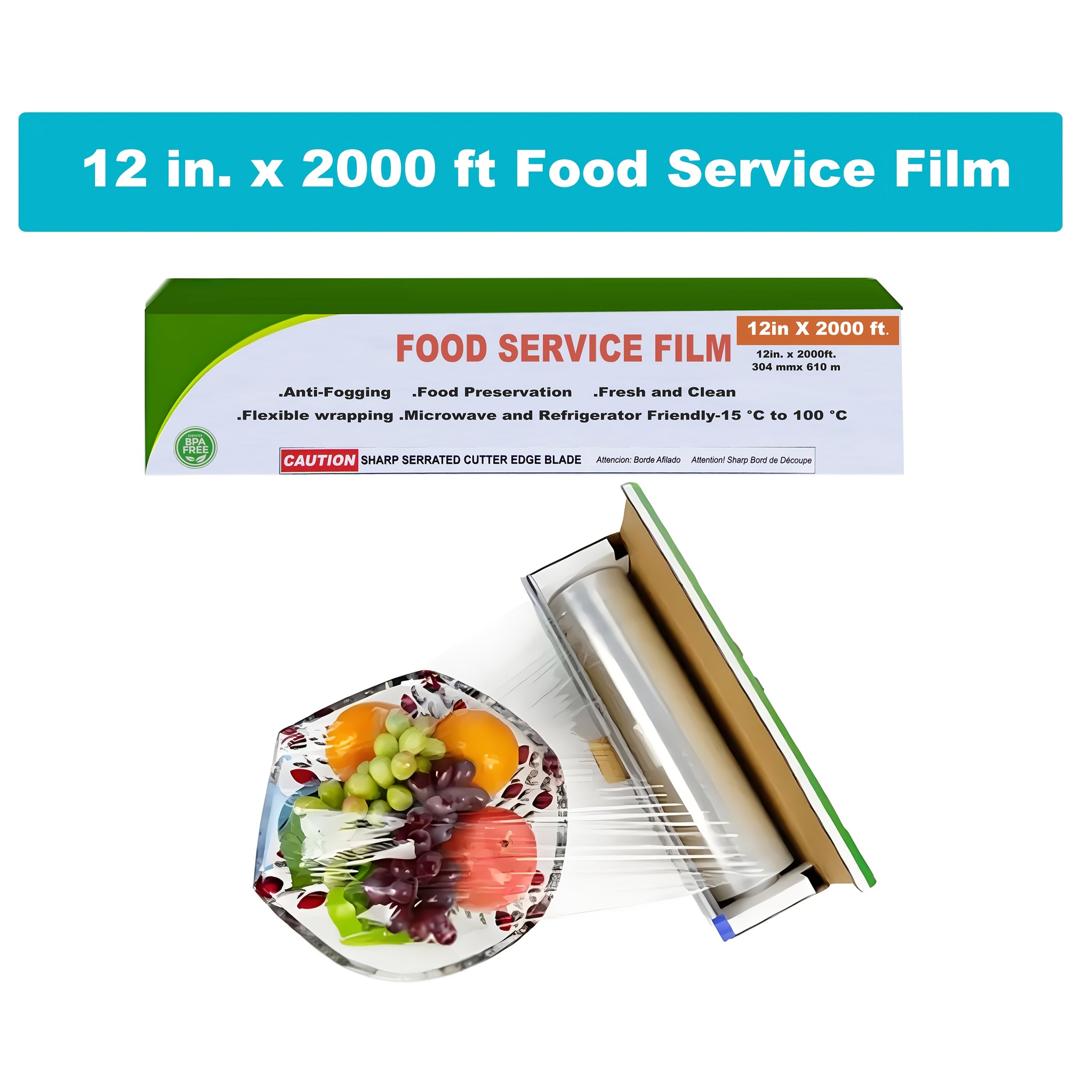 12in X 2000ft.\u002F18in X 2000ft.\u002F24in X 2000ft. Roll, Plastic Wrap, Food Wrap with Slide Cutter, Food Service Clear Cling Film, BPA FREE, Anti-fogging, Strong, Microwave And Refrigerator Safe, Flexible Wrapping (1\u002FCarton).