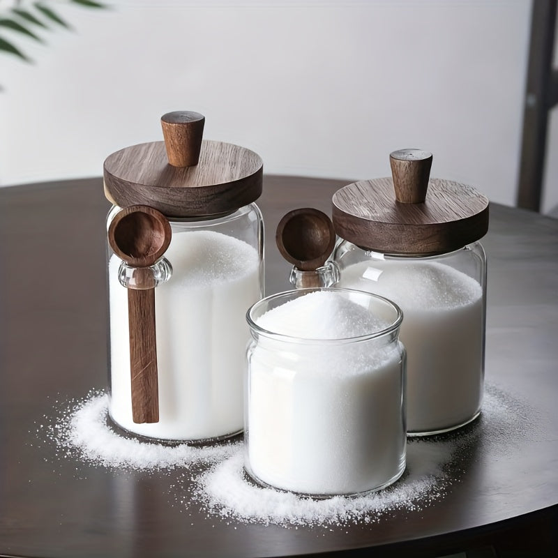 Airtight 3pcs Glass Canister with Spoon- Leak-Proof Storage Jars to Organize Your Kitchen for Coffee, Flour, Snacks, Te, Glass Jars with Dark Brown Lids, Round Canisters for Pantry Organization, Durable Multi-Purpose Display