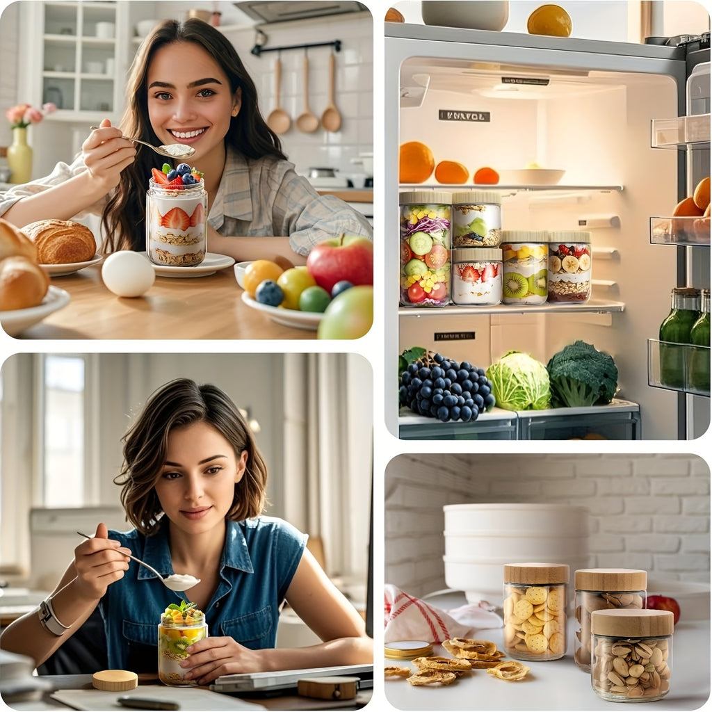 2\u002F3\u002F4\u002F6pcs 10oz (Approx. 283.5 g) Overnight Oats Containers with Bamboo Lids, Glass Jars with Airtight Lids for Meal Prep, Wide Mouth Mason Salad Jars, Glass Food Storage Containers for Yogurt, Chia, Snacks, Spices, and Sugar