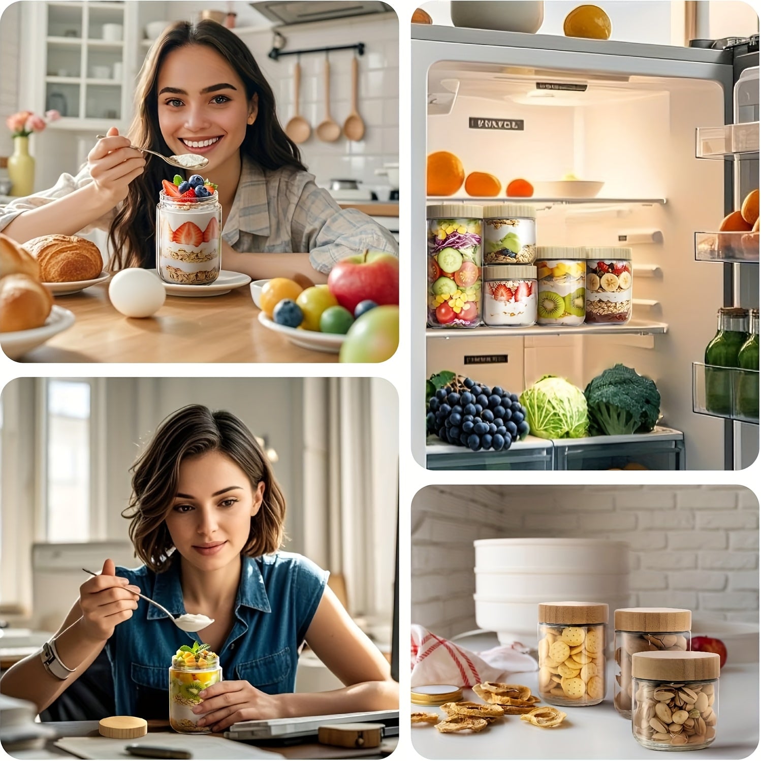 2\u002F3\u002F4\u002F6pcs 10oz (Approx. 283.5 g) Overnight Oats Containers with Bamboo Lids, Glass Jars with Airtight Lids for Meal Prep, Wide Mouth Mason Salad Jars, Glass Food Storage Containers for Yogurt, Chia, Snacks, Spices, and Sugar