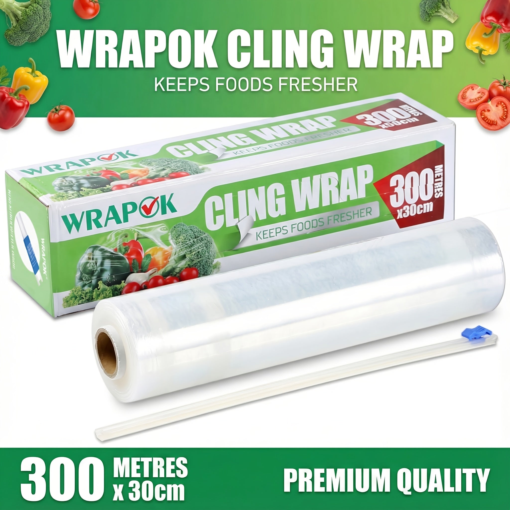 WRAPOK Catering Cling Film Dispenser and Cutter Kitchen Plastic Food Seal Wrap, Foodservice Cook's Tools for Kitchen, 300mm X 300m