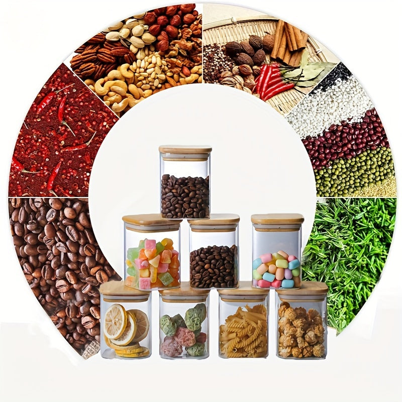 8pcs Glass Storage Containers with Bamboo Lids | Sealed, Leak-Proof Square Jars, Dishwasher Safe, Reusable Borosilicate Glass, Suitable for Tea, Coffee, Grains - Multi-Purpose Kitchen Organizer, 500ml\u002F17.5oz, Shatterproof Packaging