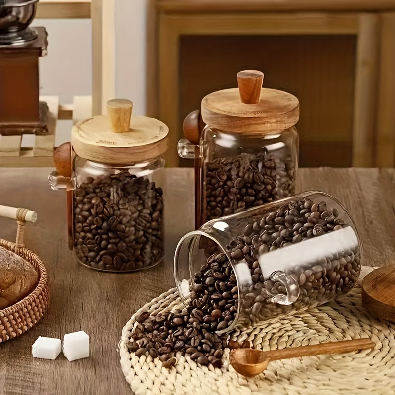 Airtight 3pcs Glass Canister with Spoon- Leak-Proof Storage Jars to Organize Your Kitchen for Coffee, Flour, Snacks, Te, Glass Jars with Dark Brown Lids, Round Canisters for Pantry Organization, Durable Multi-Purpose Display