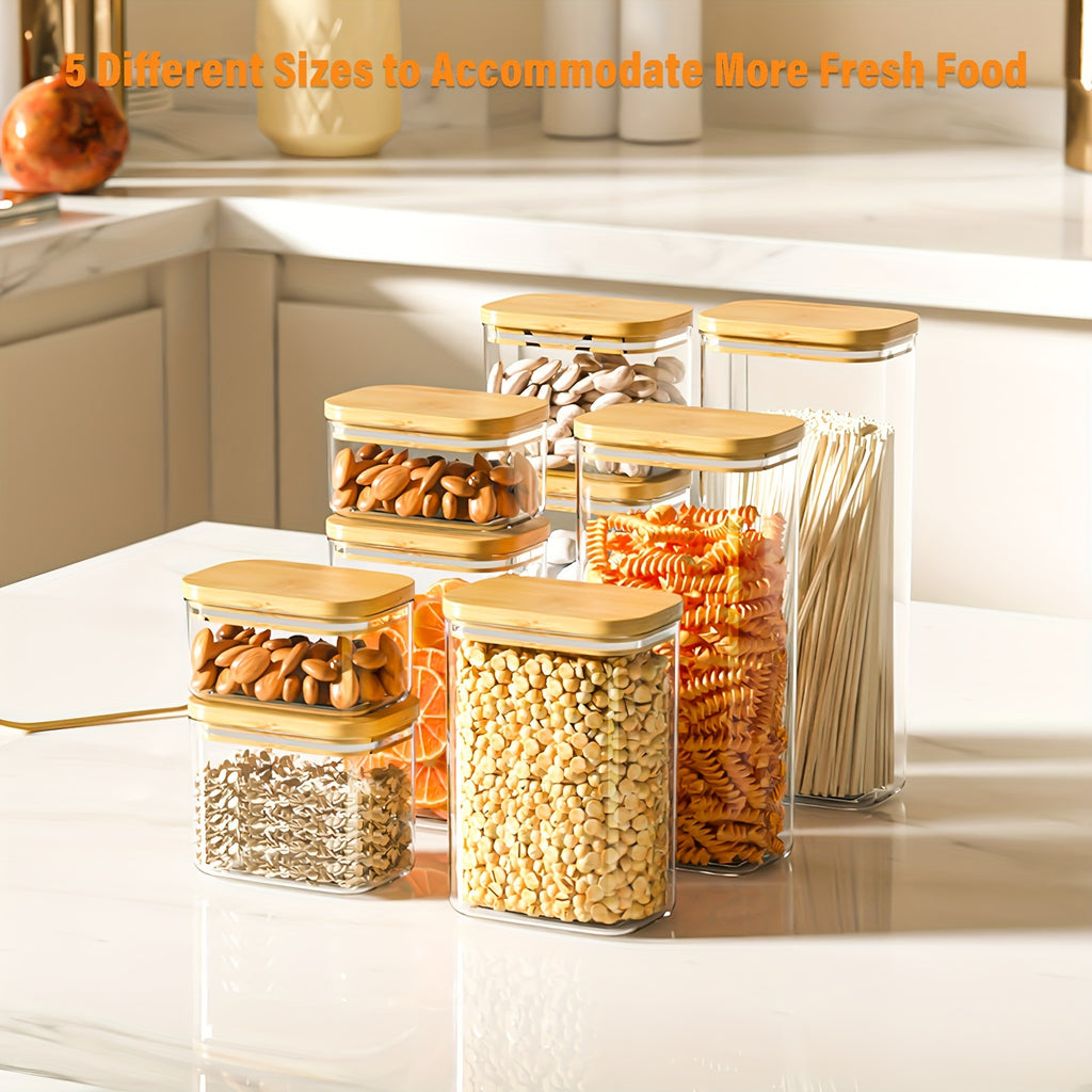 THELiFE 6\u002F10pcs Airtight Plastic Storage Canister with Wood\u002FPlastic Lid, Clear Food Storage Container Jar with Sealing Lid for Noodles Flour Cereal Rice Sugar Tea, Coffee Spaghetti, Kitchen Storage, Airtight Container, Durable Plastic