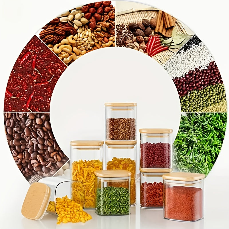 12pcs Borosilicate Glass Food Storage Jars Set with Bamboo Lids - Microwave & Freezer Safe Square Pantry Containers, Airtight Flip-Top Lids for Spices, Dry Food, Tea, Beans, Pasta - Glass Jars for Pantry Organization (12